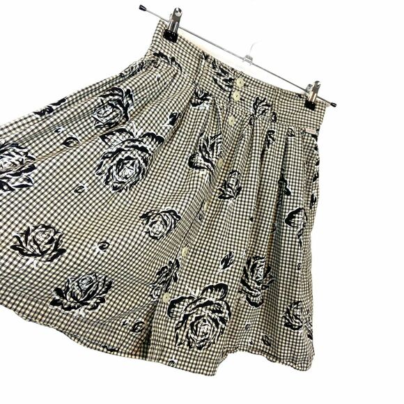 Esprit Flare Skirt Vintage Women Black Cream Gingham Rose Button Front Size XS S - Picture 1 of 13